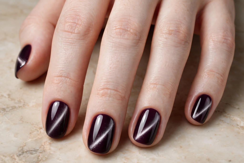 Short nail inspo 2026 showing deep plum purple velvet cat eye magnetic gel polish on rounded squoval nails.   