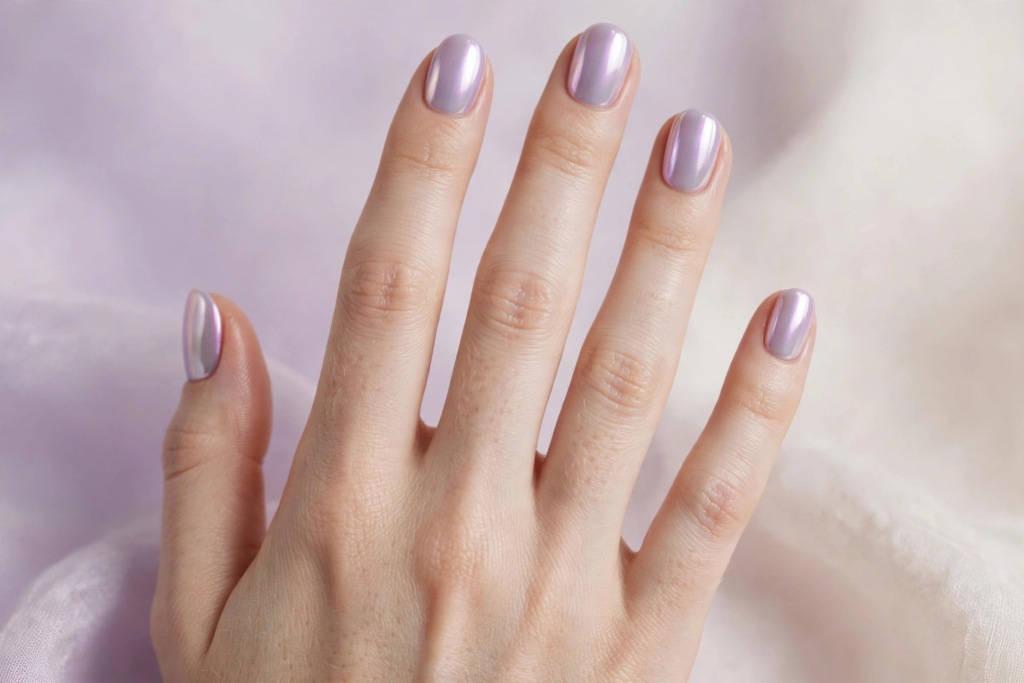 Short nail inspo 2026 showing lavender metallic chrome glaze on neat rounded oval nails over soft fabric.   