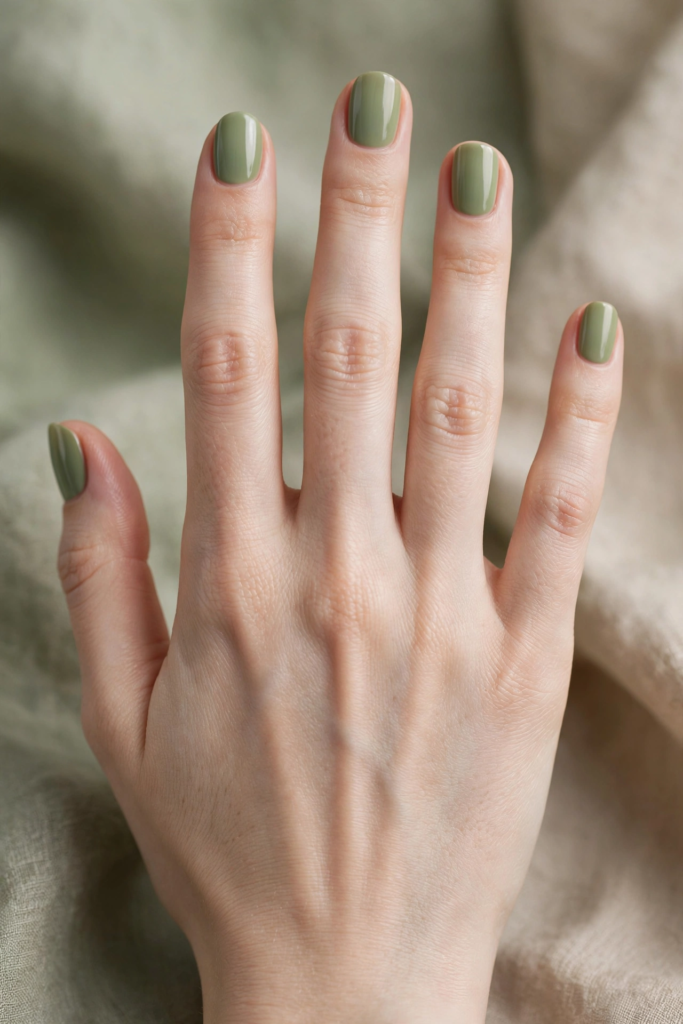 Short nail inspo 2026 showing glossy sage olive green polish on neat rounded-square manicured nails.   