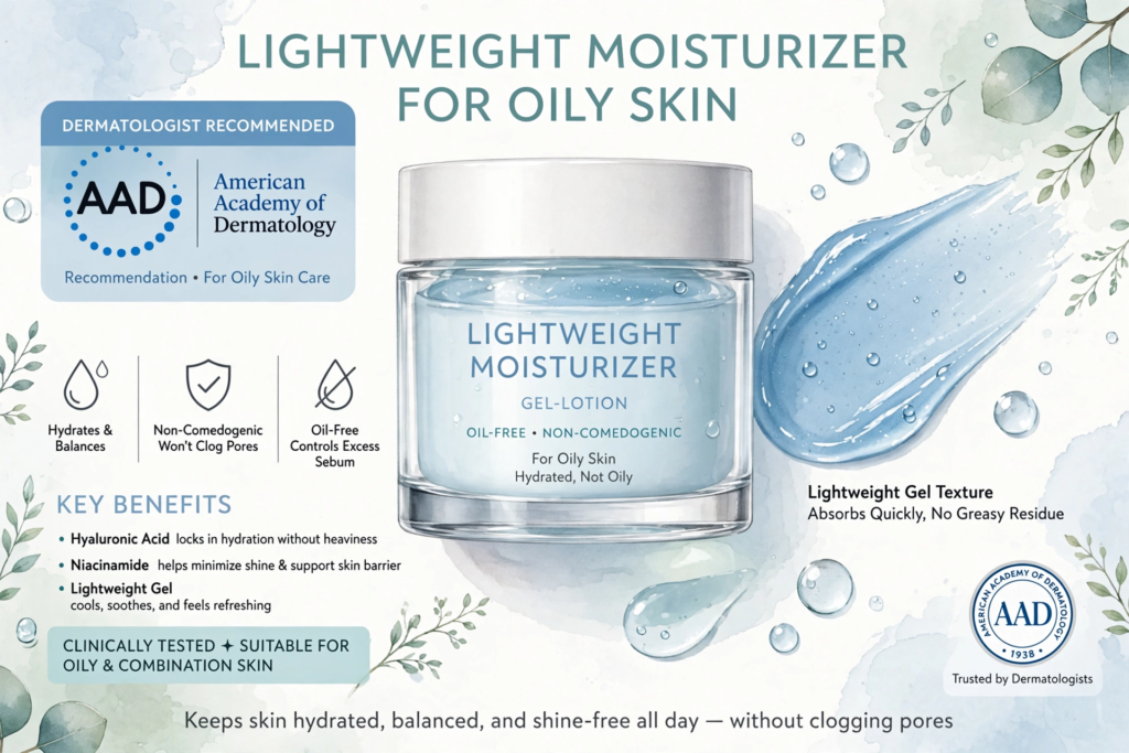 Infographic highlighting lightweight gel moisturizer as one of the essential beauty hacks for oily skin.   