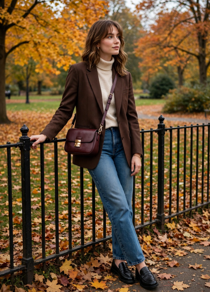 Fall Outfit Ideas for Women: 25 Stylish Looks for 2026 Young woman showcasing fall outfit ideas for women in a brown blazer, cream turtleneck sweater, blue jeans, black loafers, and a burgundy crossbody bag in an autumn park.