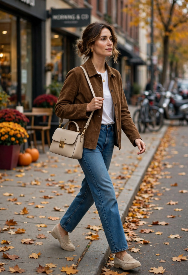 Fall Outfit Ideas for Women: 25 Stylish Looks for 2026 Young woman showcasing fall outfit ideas for women in a brown suede jacket, white t-shirt, blue straight-leg jeans, beige loafers, and a cream crossbody bag walking on an autumn city sidewalk.