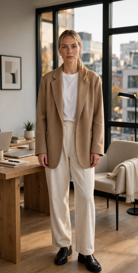 Fall Outfit Ideas for Women: 25 Stylish Looks for 2026 Woman standing in a modern office showcasing smart casual fall outfit ideas for women in an oversized camel blazer, white t-shirt, cream wide-leg trousers, and black loafers.