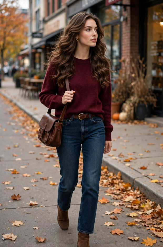 Fall Outfit Ideas for Women: 25 Stylish Looks for 2026 Young woman showcasing fall outfit ideas for women in a burgundy crewneck sweater, dark-wash straight jeans, brown suede ankle boots, and a brown leather crossbody bag on an autumn city sidewalk.