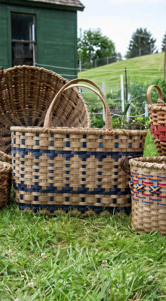 20 Nostalgic Crafts Making a Comeback in 2026 Handcrafted woven wicker market tote basket with navy blue accent bands and sturdy handles resting on lush green grass, inspiring nostalgic crafts 2026 traditional basket weaving ideas.