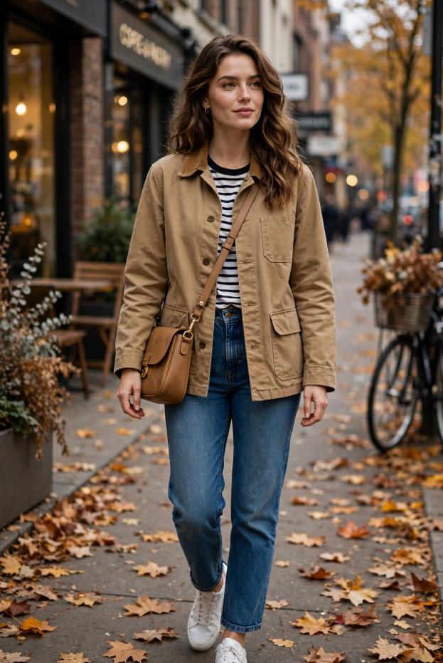 Fall Outfit Ideas for Women: 25 Stylish Looks for 2026 Young woman showcasing casual fall outfit ideas for women in a tan utility barn jacket, striped t-shirt, blue straight-leg jeans, white sneakers, and a camel crossbody bag on an autumn city street.