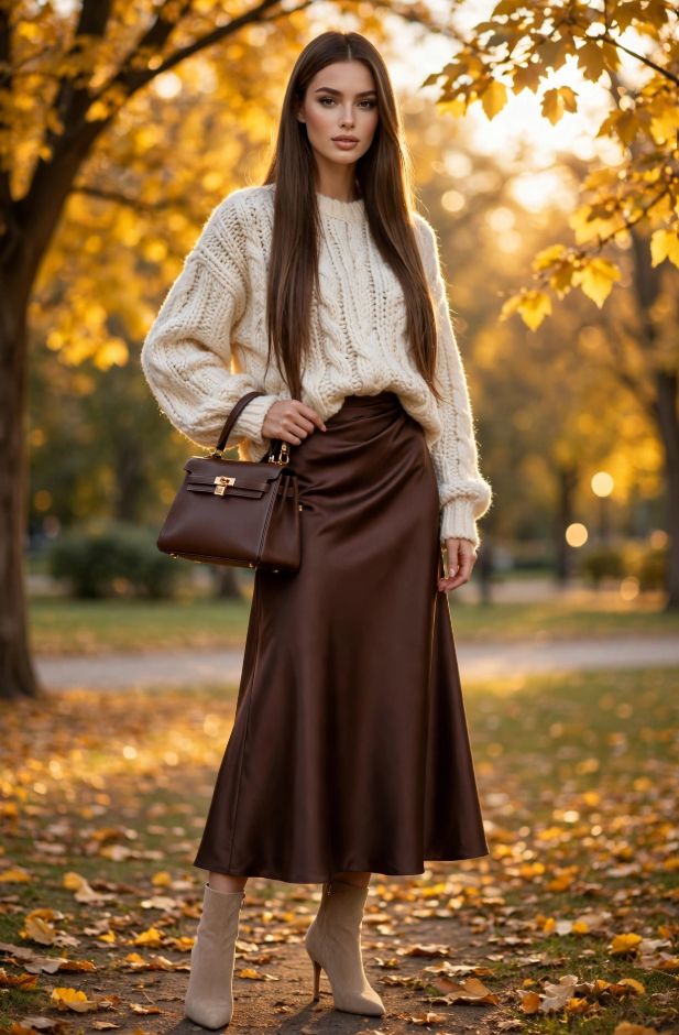 Fall Outfit Ideas for Women: 25 Stylish Looks for 2026 Young woman showcasing elegant fall outfit ideas for women in a chunky cream cable-knit sweater, brown satin midi skirt, beige heeled ankle boots, and a chocolate brown leather handbag in a park at golden hour.