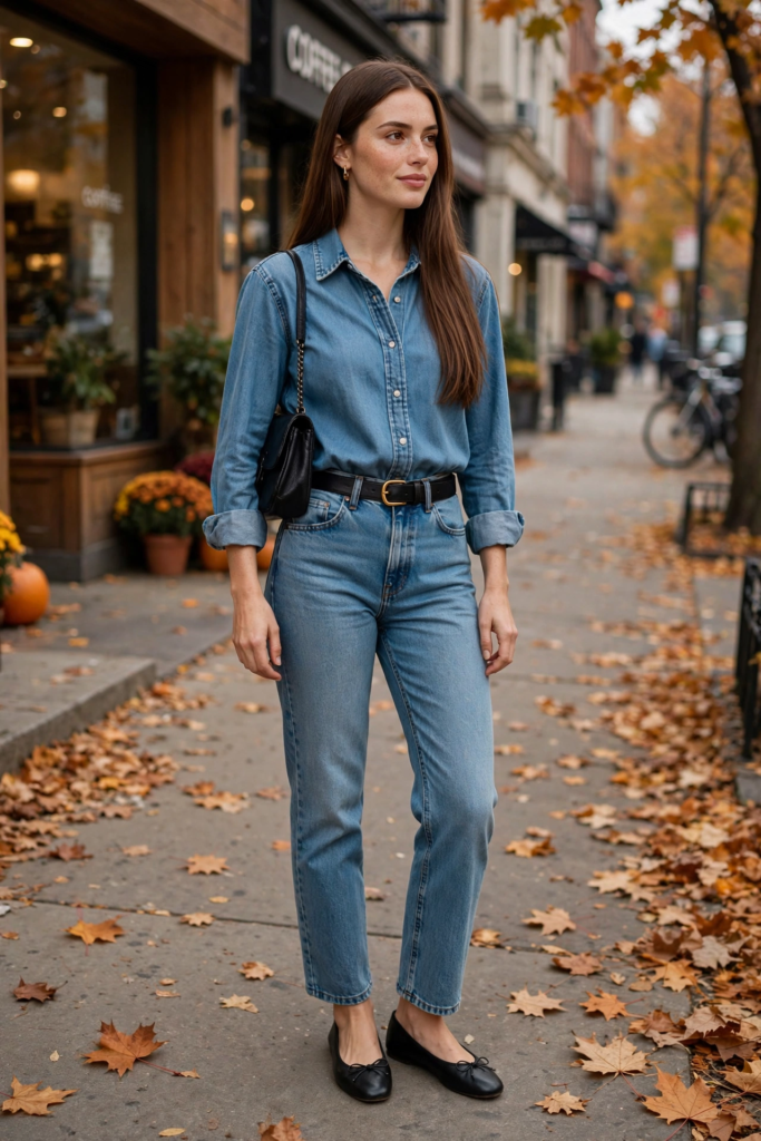 Fall Outfit Ideas for Women: 25 Stylish Looks for 2026 Young woman showcasing denim-on-denim fall outfit ideas for women in a button-down jean shirt, matching straight-leg jeans, black belt, black ballet flats, and a black shoulder bag on an autumn sidewalk.