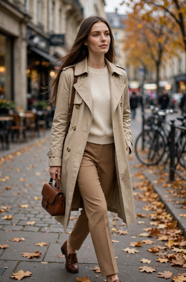 Fall Outfit Ideas for Women: 25 Stylish Looks for 2026 Young woman showcasing sophisticated fall outfit ideas for women in a classic beige trench coat, cream crewneck sweater, camel tailored trousers, brown leather loafers, and a cognac handbag walking down an autumn street.