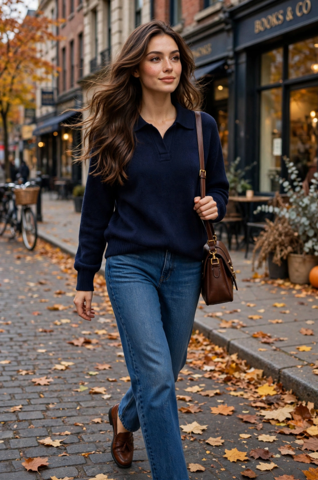 Fall Outfit Ideas for Women: 25 Stylish Looks for 2026 Young woman showcasing cozy fall outfit ideas for women in a navy blue polo collar sweater, straight-leg jeans, brown tassel loafers, and a brown leather shoulder bag on an autumn street.