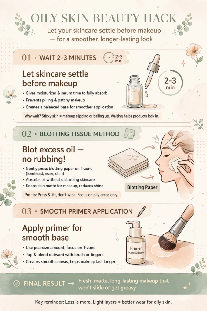 Infographic demonstrating pre-makeup prep as part of beauty hacks for oily skin, covering wait times, blotting, and primer application.   