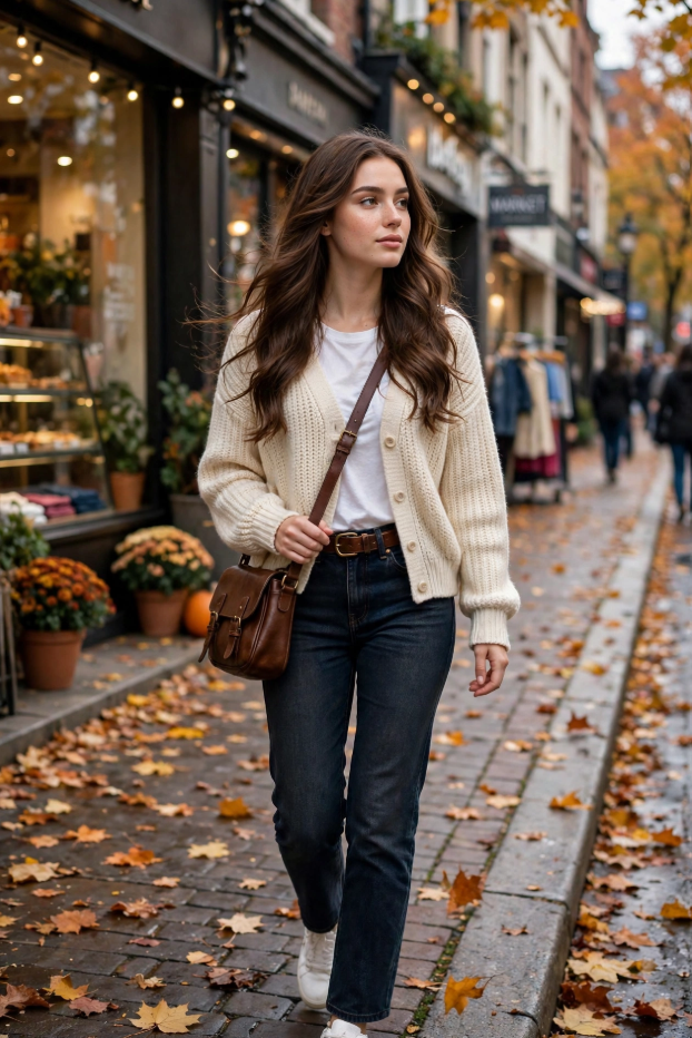 Fall Outfit Ideas for Women: 25 Stylish Looks for 2026 Young woman showcasing fall outfit ideas for women in a chunky cream ribbed cardigan sweater, white t-shirt, dark-wash straight-leg jeans, white sneakers, and a brown leather crossbody bag on an autumn city sidewalk.