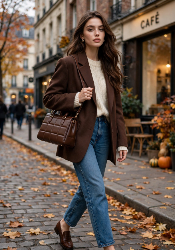 Fall Outfit Ideas for Women: 25 Stylish Looks for 2026 Young woman showcasing chic fall outfit ideas for women in a chocolate brown wool blazer, cream ribbed knit sweater, blue straight-leg jeans, brown loafers, and a quilted brown shoulder bag on an autumn city street.