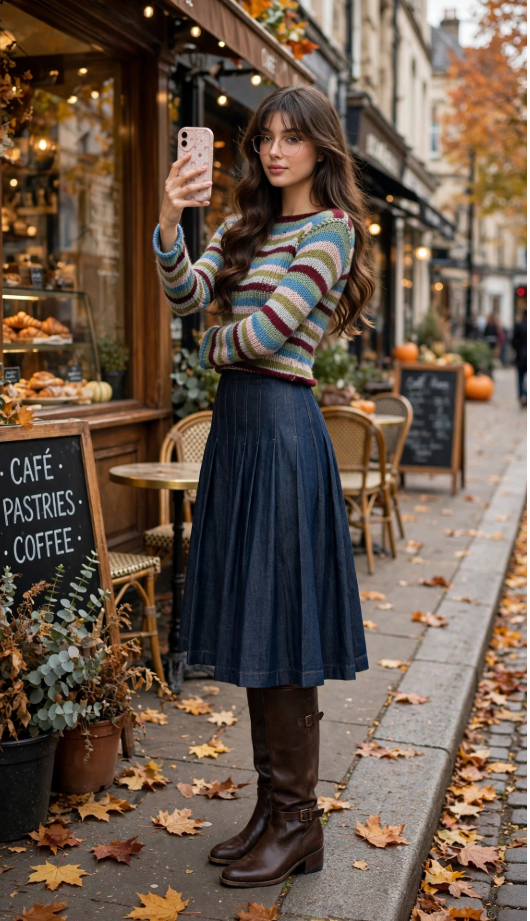 Fall Outfit Ideas for Women: 25 Stylish Looks for 2026 Young woman taking a selfie while showcasing charming fall outfit ideas for women in a colorful striped knit sweater, pleated dark denim midi skirt, and brown knee-high riding boots outside an autumn café.