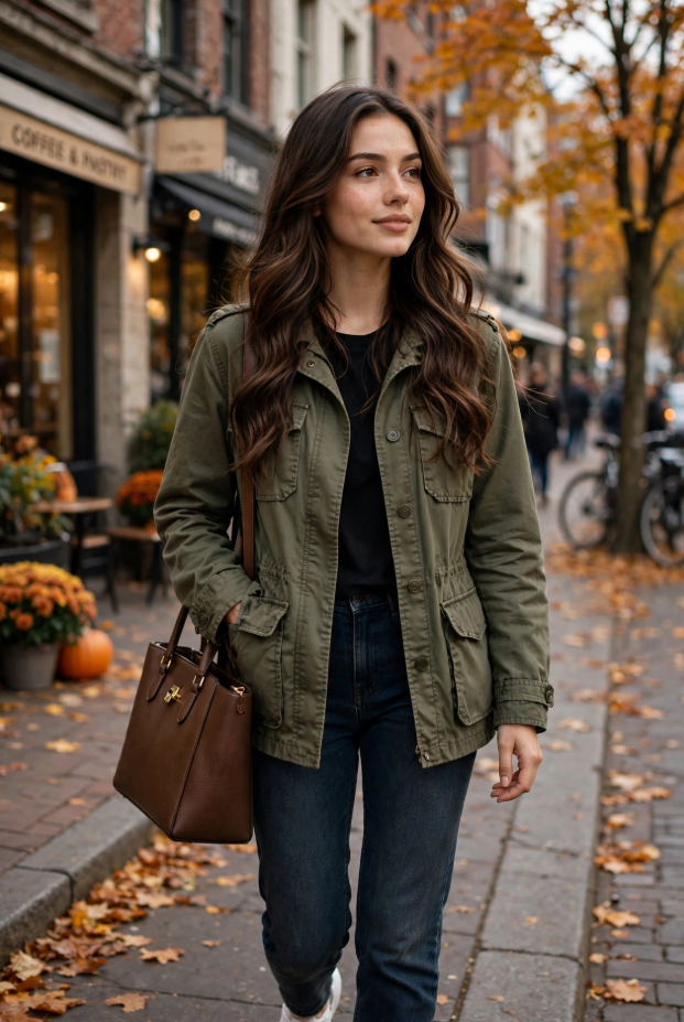 Fall Outfit Ideas for Women: 25 Stylish Looks for 2026 Young woman showcasing casual fall outfit ideas for women in an olive green utility field jacket, black t-shirt, dark-wash straight jeans, and a brown leather tote bag walking on an autumn city sidewalk.
