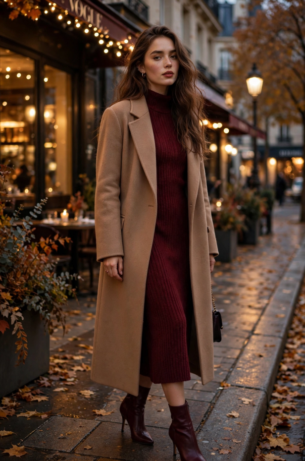 Fall Outfit Ideas for Women: 25 Stylish Looks for 2026 Young woman showcasing chic fall outfit ideas for women in a long camel wool coat, ribbed burgundy knit midi dress, matching pointed-toe heeled boots, and a small black crossbody bag on an autumn city street outside a café.