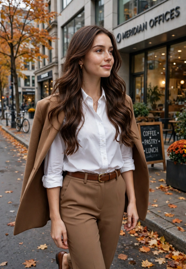 Fall Outfit Ideas for Women: 25 Stylish Looks for 2026 Fall outfit ideas for women: crisp white button-up shirt paired with camel trousers, leather belt, and an overcoat draped over the shoulders.