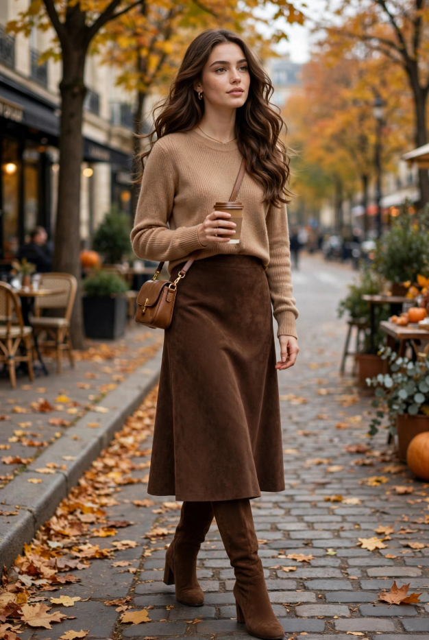 Fall Outfit Ideas for Women: 25 Stylish Looks for 2026 Young woman showcasing fall outfit ideas for women in a beige crewneck sweater, brown suede midi skirt, brown knee-high heeled boots, and a brown leather crossbody bag holding a coffee cup on an autumn city street.