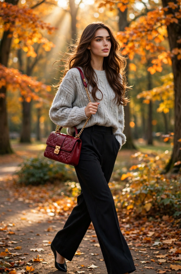 Fall Outfit Ideas for Women: 25 Stylish Looks for 2026 Young woman showcasing chic fall outfit ideas for women in a chunky grey cable-knit sweater, black wide-leg trousers, black pointed heels, and a quilted red shoulder bag walking through a sunny autumn park.