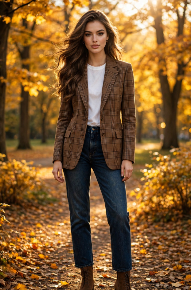 Fall Outfit Ideas for Women: 25 Stylish Looks for 2026 Young woman showcasing classic fall outfit ideas for women in a brown plaid blazer, white t-shirt, dark-wash straight jeans, and brown suede lace-up boots in a sunlit autumn park.