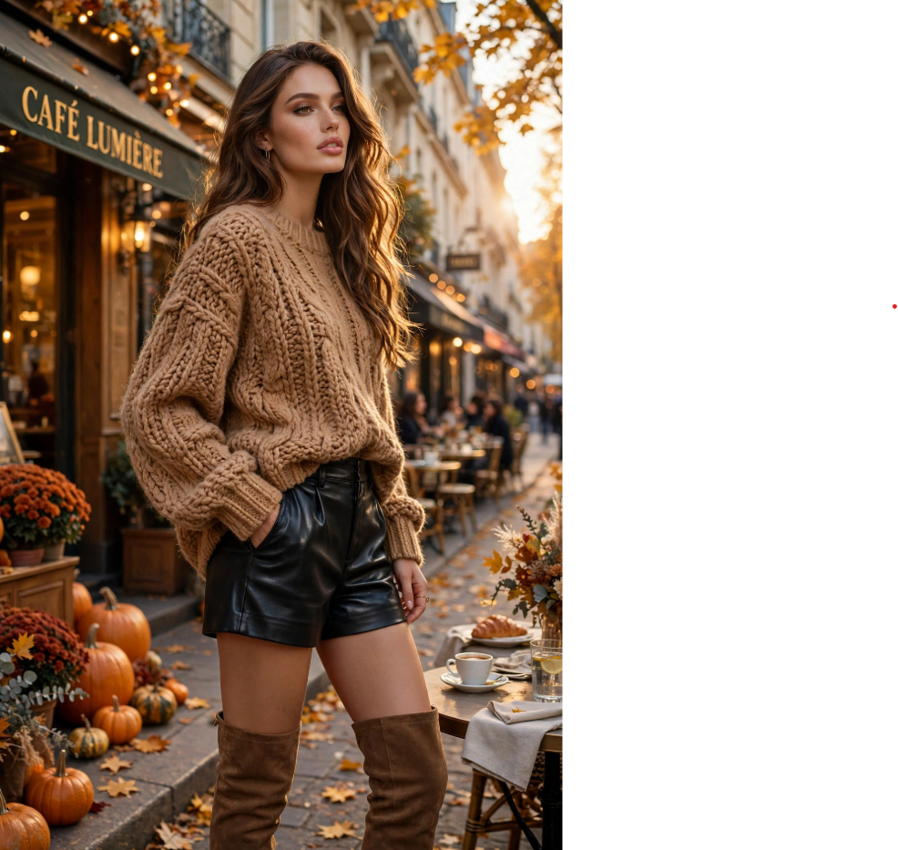 Fall Outfit Ideas for Women: 25 Stylish Looks for 2026 Young woman showcasing trendy fall outfit ideas for women in a chunky tan cable-knit sweater, black leather shorts, and brown suede over-the-knee boots outside an autumn café.