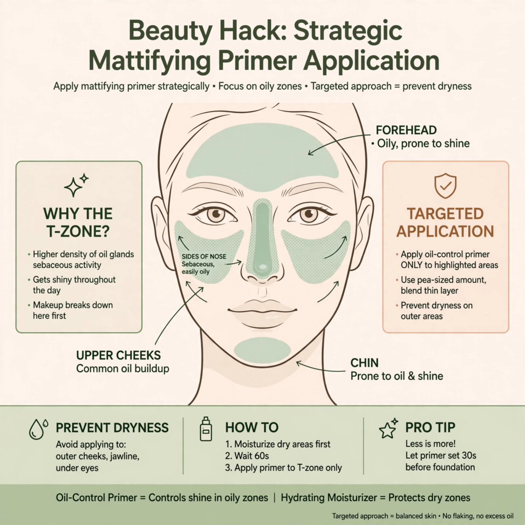 Face map infographic illustrating strategic mattifying primer application as one of the best beauty hacks for oily skin.   