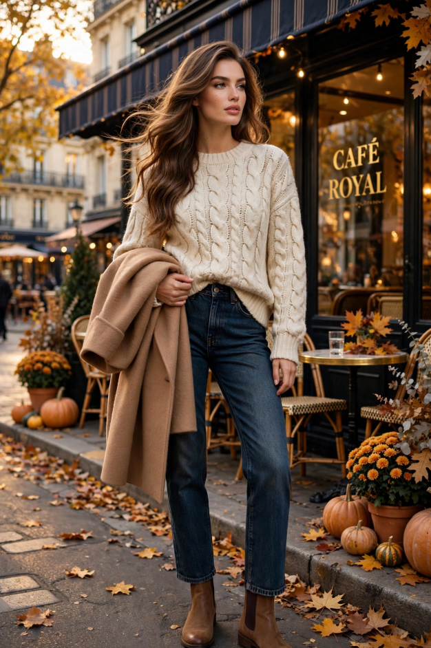 Fall Outfit Ideas for Women: 25 Stylish Looks for 2026 Young woman showcasing cozy fall outfit ideas for women in a chunky cream cable-knit sweater, dark-wash straight-leg jeans, brown Chelsea boots, and holding a camel wool coat outside an autumn café.