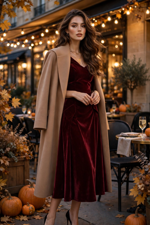 Fall Outfit Ideas for Women: 25 Stylish Looks for 2026 Young woman showcasing glamorous fall outfit ideas for women in a deep red velvet midi dress, camel wool coat draped over her shoulders, and black pointed-toe heels outside an autumn café at twilight.