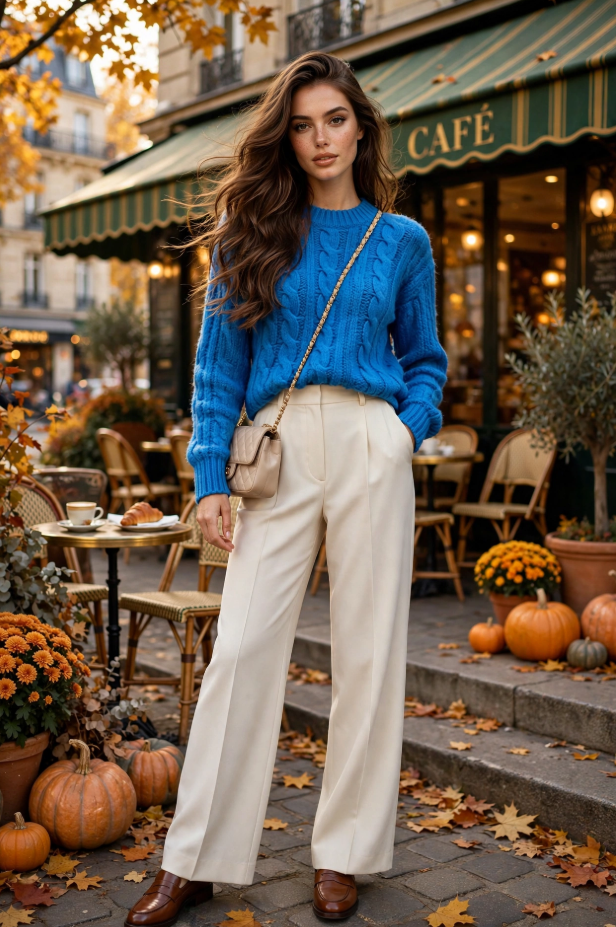 Fall Outfit Ideas for Women: 25 Stylish Looks for 2026 Young woman showcasing vibrant fall outfit ideas for women in a cobalt blue cable-knit sweater, cream wide-leg trousers, brown loafers, and a beige crossbody bag outside an autumn café.