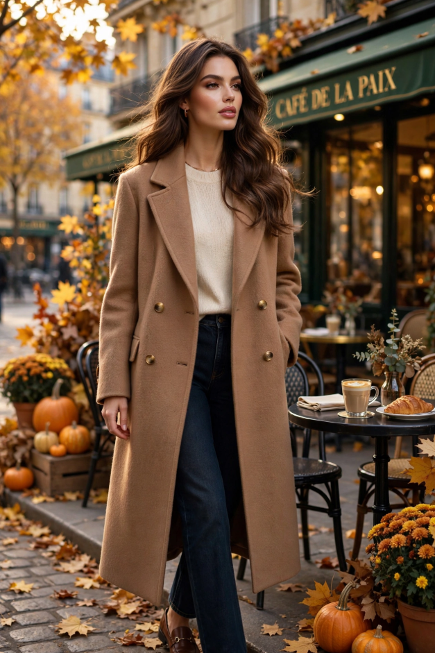 Fall Outfit Ideas for Women: 25 Stylish Looks for 2026 Young woman showcasing elegant fall outfit ideas for women in a long tailored camel wool coat, cream crewneck knit top, dark-wash straight-leg jeans, and brown leather loafers outside an autumn Parisian café.