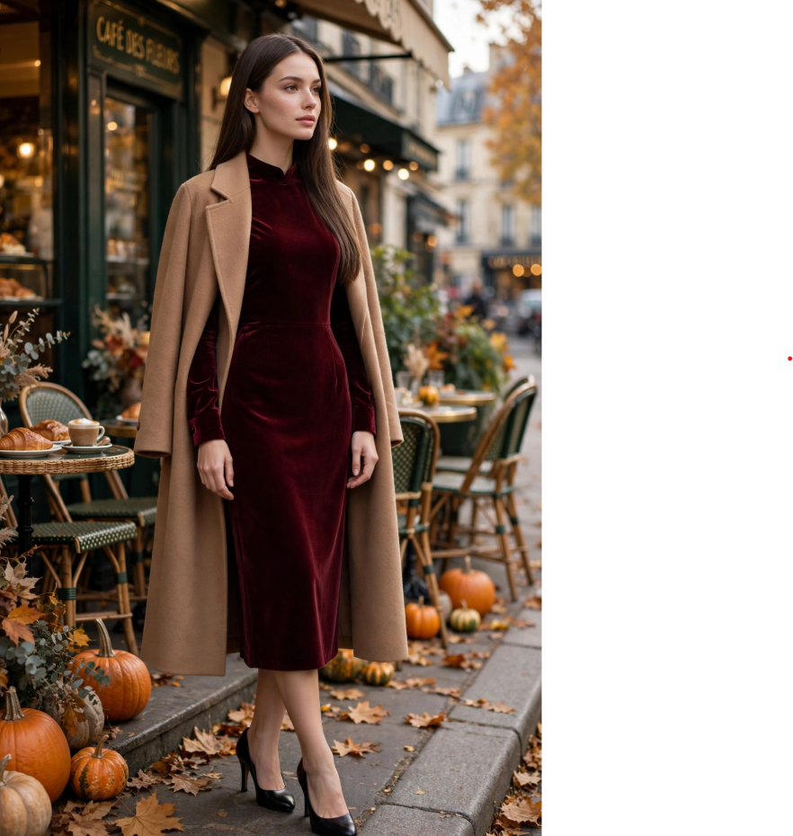 Fall Outfit Ideas for Women: 25 Stylish Looks for 2026 Young woman showcasing glamorous fall outfit ideas for women in a long-sleeve burgundy velvet midi dress, tailored camel wool coat draped over her shoulders, and black pointed high heels outside an autumn café.