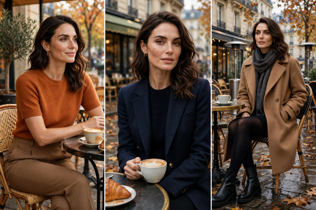 Fall Outfit Ideas for Women: 25 Stylish Looks for 2026 Three-panel collage showcasing chic fall outfit ideas for women featuring a woman at an autumn Parisian café wearing an orange knit top, a navy tailored blazer, and a camel wool coat with a scarf and boots.