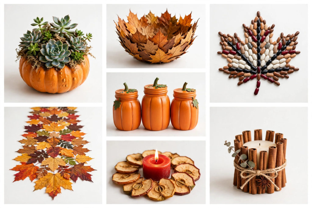 Collage of DIY fall crafts for adults featuring pumpkin planters, leaf bowls, dried apple candle rings, mason jar pumpkins, and cinnamon stick decor.