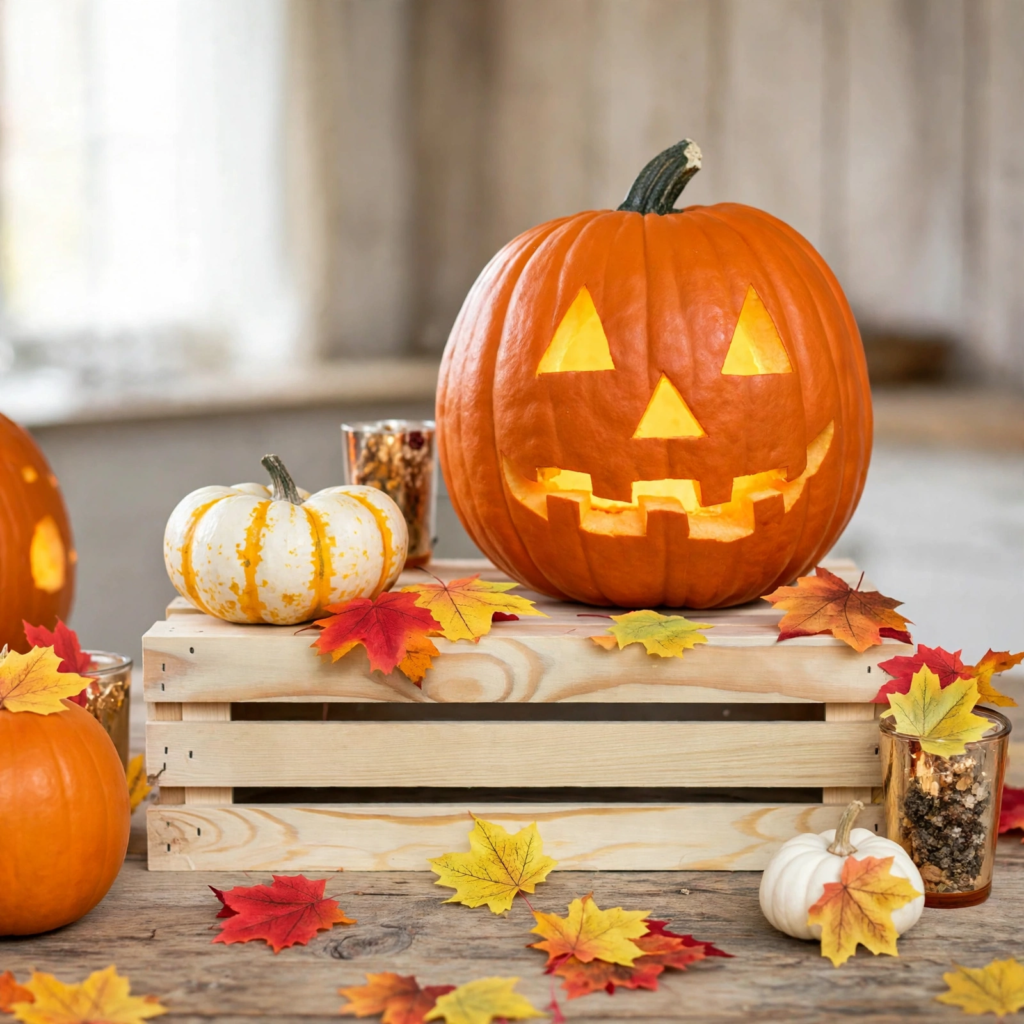 Classic glowing jack-o'-lantern on a wooden crate displayed alongside mini white pumpkins and colorful autumn leaves for pumpkin carving ideas for adults.