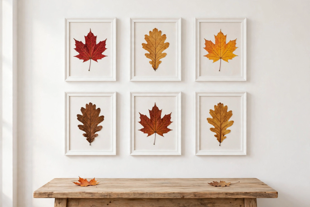 Framed pressed autumn leaves in white gallery frames above a rustic wooden table for elegant fall crafts for adults.