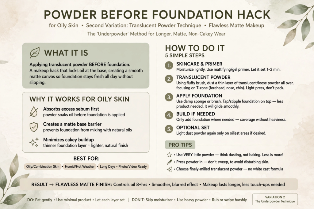 Infographic explaining the powder before foundation technique as part of beauty hacks for oily skin.   