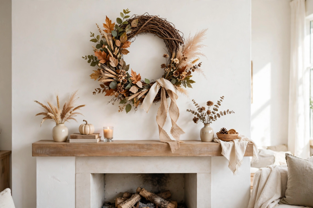 Rustic grapevine fall wreath with pampas grass, wheat, and burlap ribbon hanging above a decorated fireplace mantel as fall crafts for adults.   