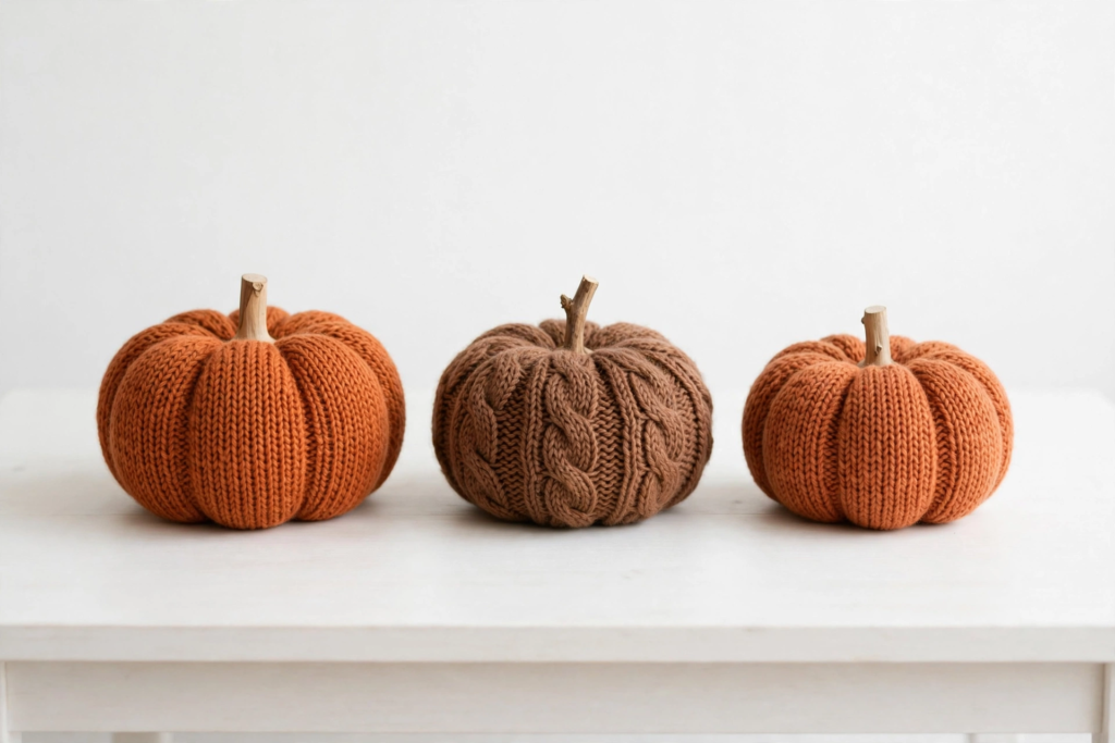 Trio of cozy knitted yarn pumpkins in rust orange and brown with wooden stick stems lined up on a white table as fall crafts for adults