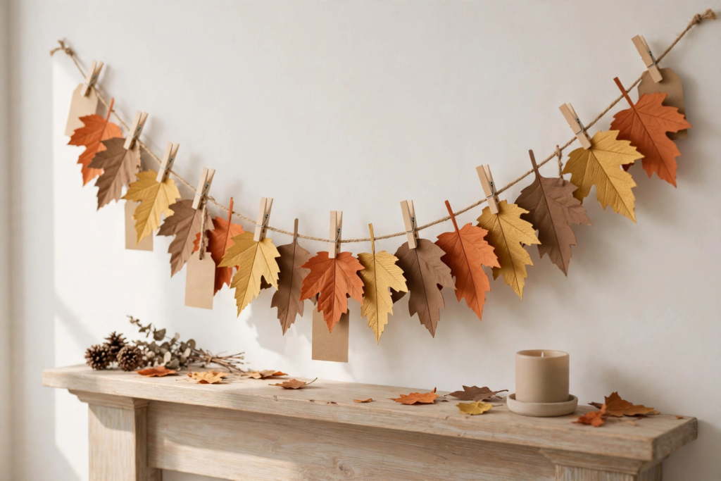 Handmade paper leaf garland clipped with wooden clothespins to twine above a mantel as fall crafts for adults.