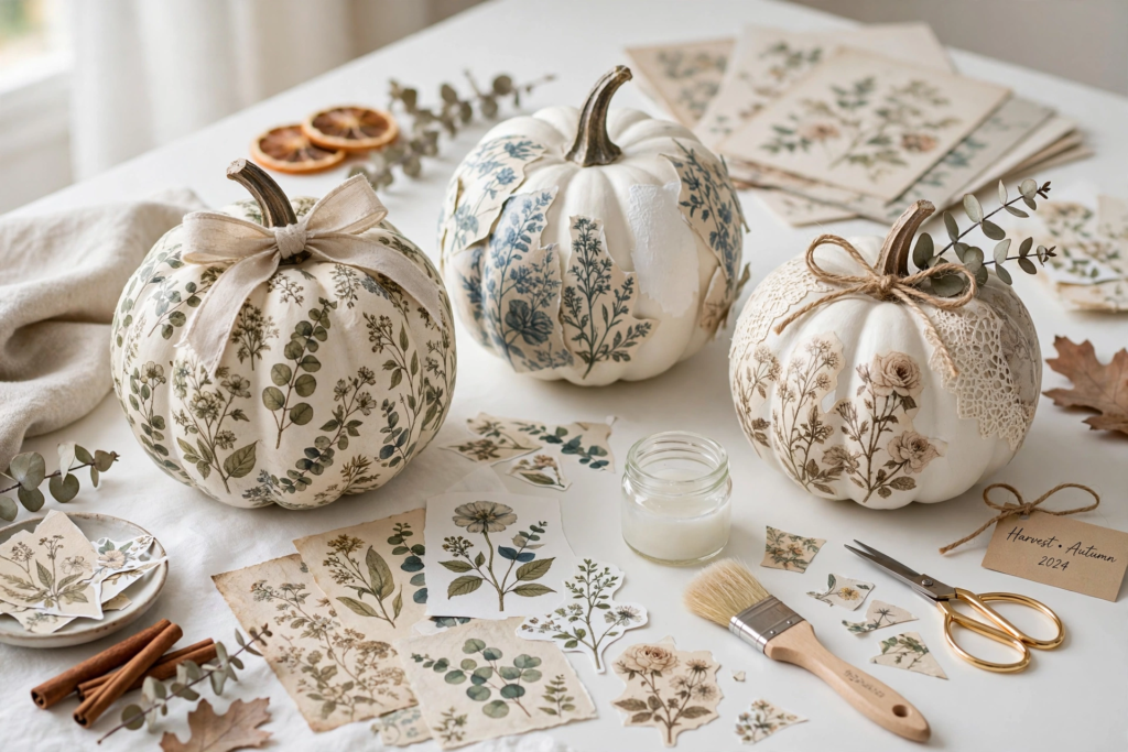 DIY fall leaf garland made of yellow, orange, and brown textured paper leaves and kraft gift tags hung across a wall.