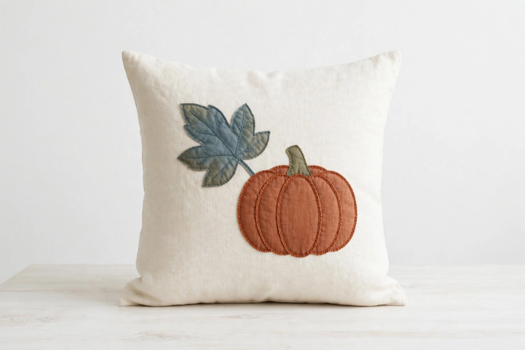 Cream linen throw pillow with stitched applique pumpkin and muted green leaf patch for fall crafts for adults.