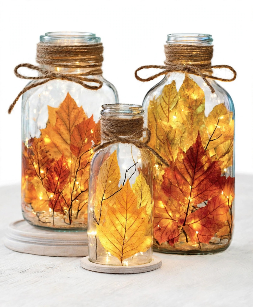 Glass jars decorated with illuminated fall leaves and twine bows sitting on wooden coasters as fall crafts for adults.
