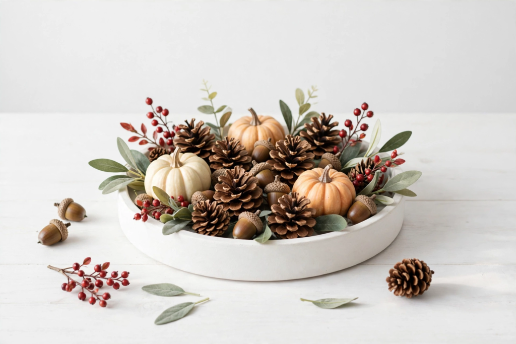Round white decorative tray filled with mini pumpkins, pinecones, acorns, and red berry sprigs for fall crafts for adults.