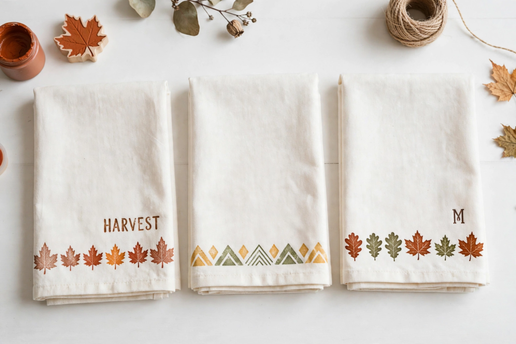 Trio of hand-stamped linen kitchen tea towels with leaf borders and geometric designs displayed as fall crafts for adults.