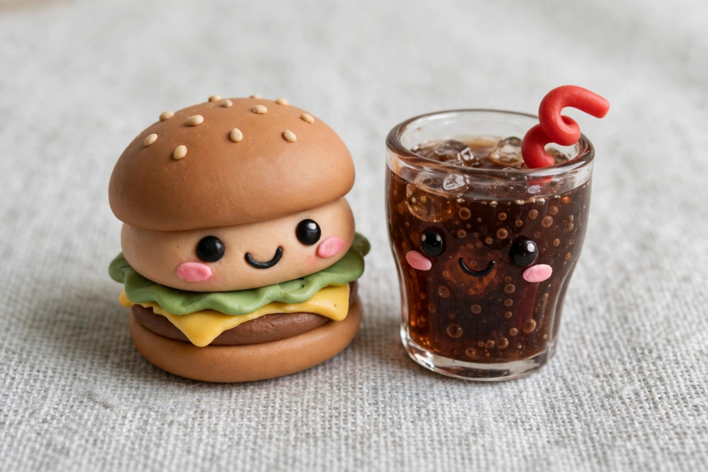 20 Nostalgic Crafts Making a Comeback in 2026 Miniature cute clay burger and glass of cola with happy smiling faces and a curly red straw, highlighting nostalgic crafts 2026 polymer clay food miniature ideas.