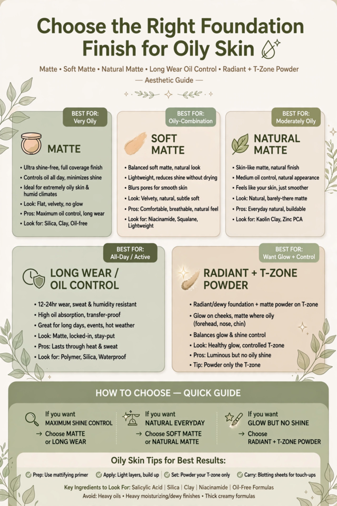 Infographic comparing different foundation finishes as part of beauty hacks for oily skin.   