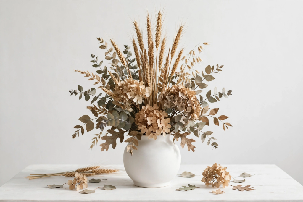 Elegant dried flower and wheat floral arrangement in a white ceramic vase for fall crafts for adults.