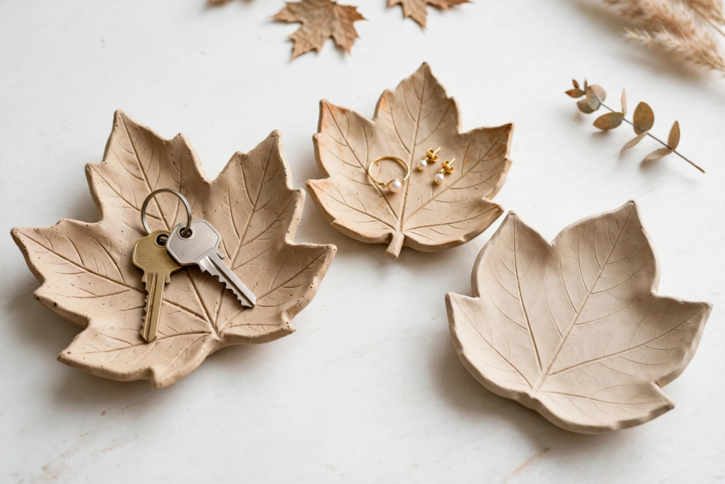 Handmade clay leaf trinket dishes holding keys and jewelry on a table as fall crafts for adults.