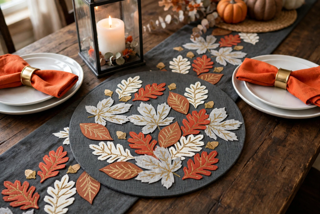 Round charcoal placemat and matching table runner decorated with stitched felt autumn leaves for fall crafts for adults.