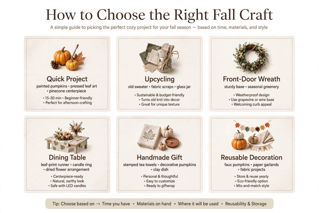 Infographic guide on how to choose fall crafts for adults by time, materials, and home decor style.